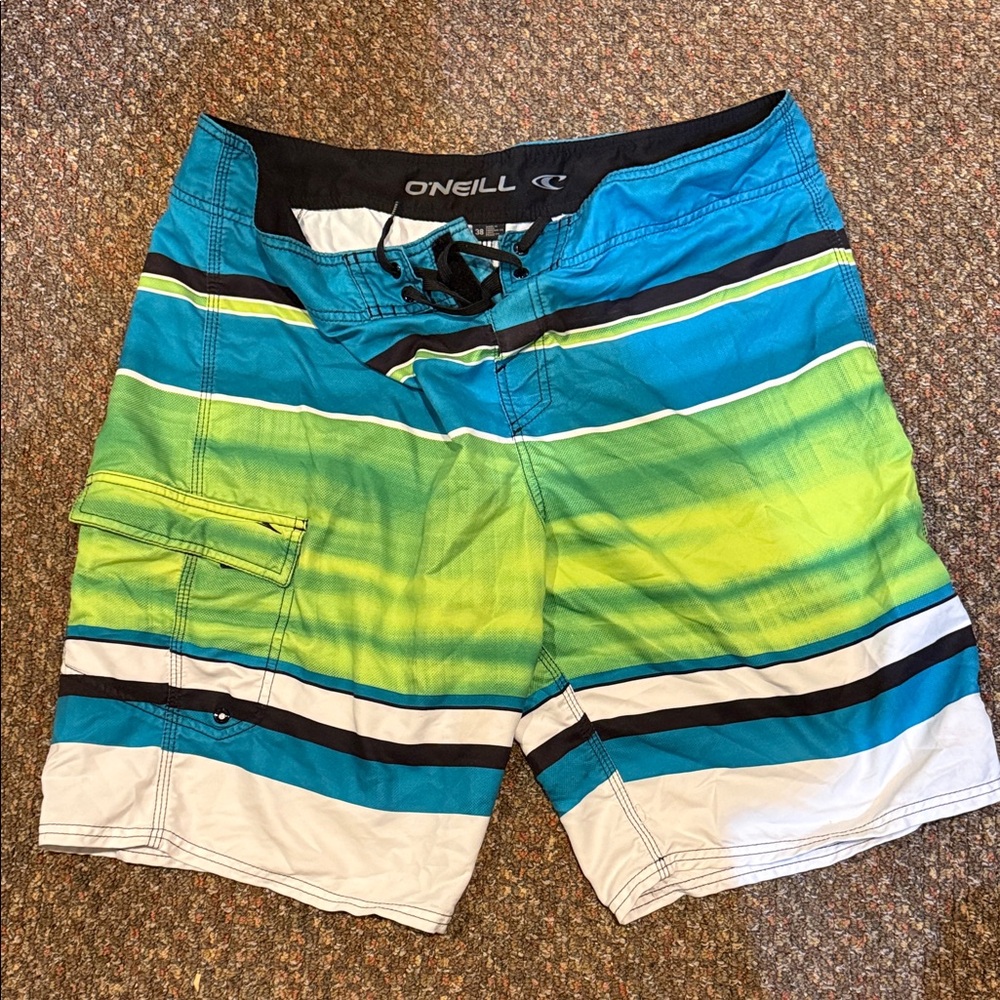 O'Neill Men's Striped Blue and Lime Board Shorts
